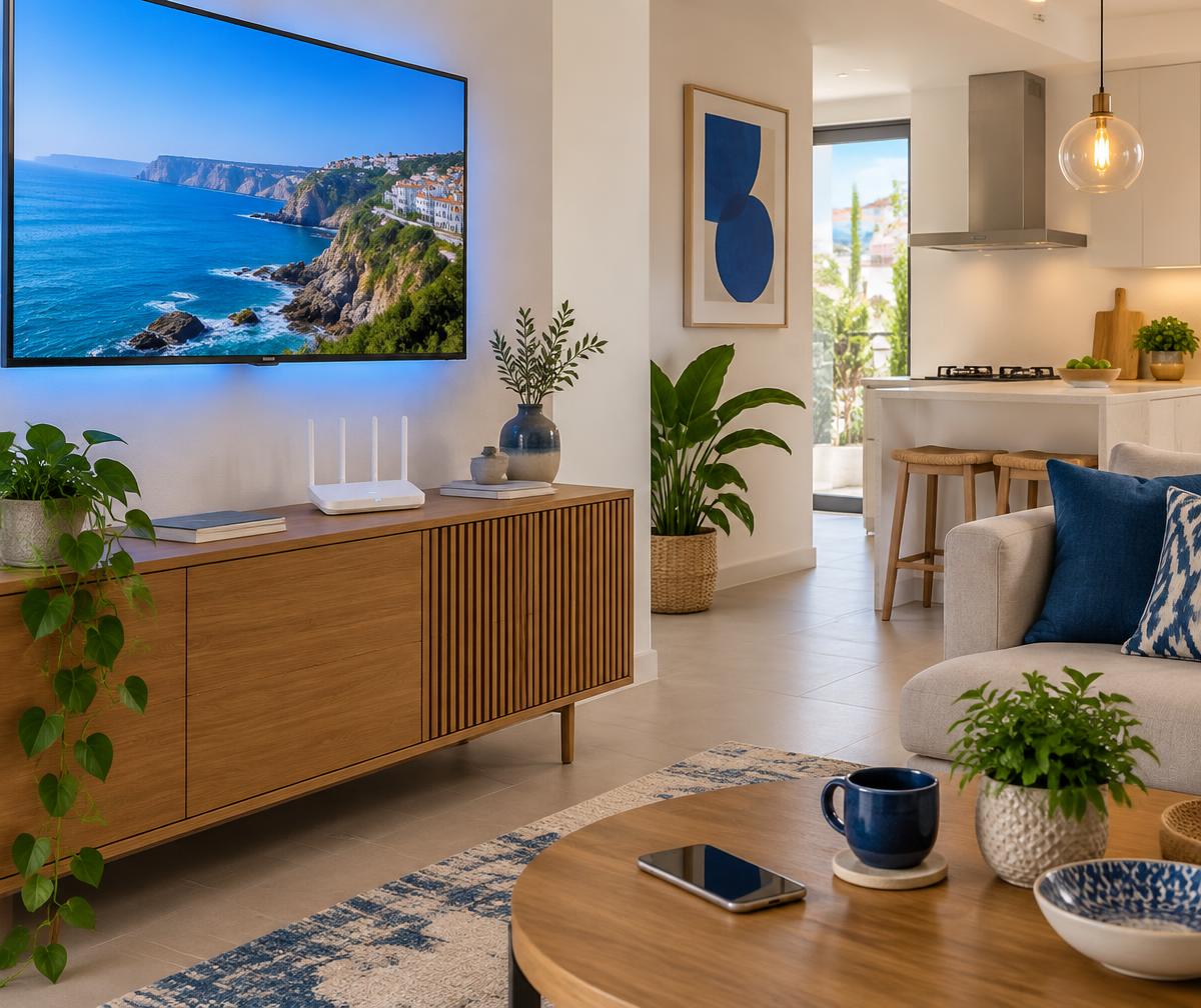 Sala de estar com televisão, router de fibra e telemóvel
